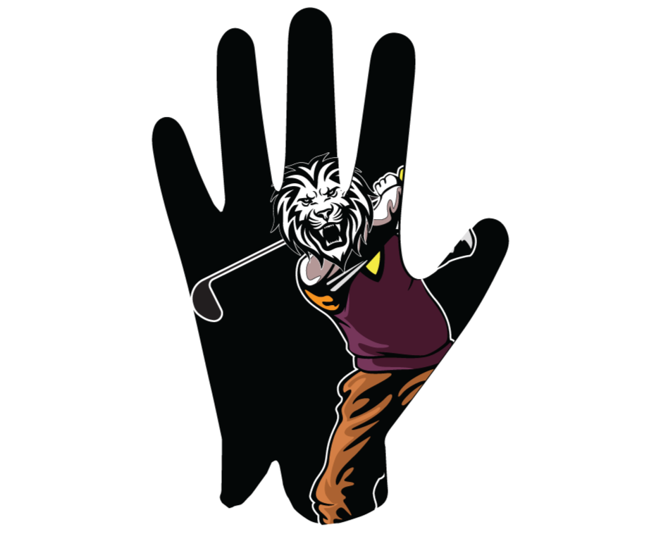 Lion Golfer Glove with lion graphic, flexible polyester blend, leather front, and secure strap for grip and comfort